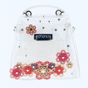 ZAC POSEN ~ Floral Applique Top-Handle Bag Transparent w/Gold & Coral Flowers